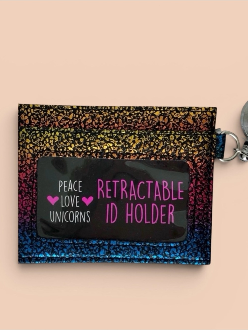 Peace Love Unicorns Retractable ID Badge Holder Rainbow Glitter